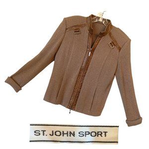 Vintage St John Sport Leather Trim Zip Up Knit Jacket Brown - Size S - EUC